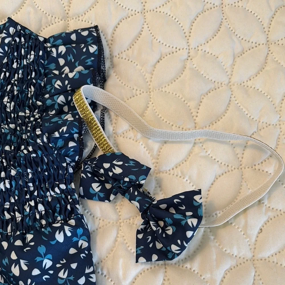 Blue Floral Smocked Bodice Baby Romper Snapped Crotch with Headband 3-6 M